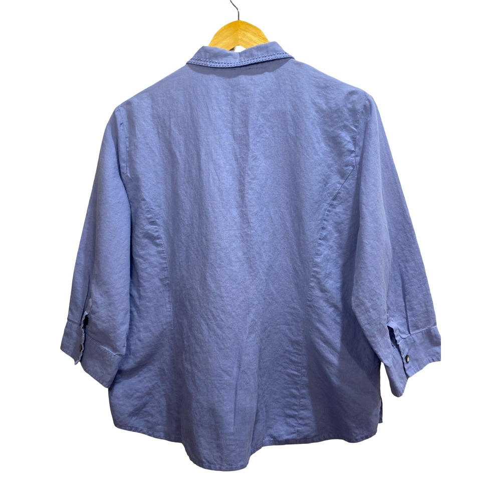 Bass Womens XL Blue Linen Cotton 3/4 Sleeve Button Down Shirt Embroidered Collar - Picture 2 of 10